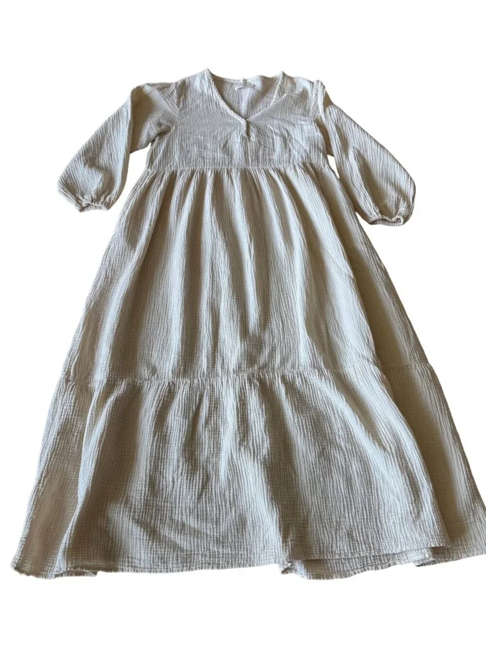 Nico Nico White Maxi Long Sleeve Athena Gauze Tiered V Neck Cotton Flowy Dress - Picture 6 of 9